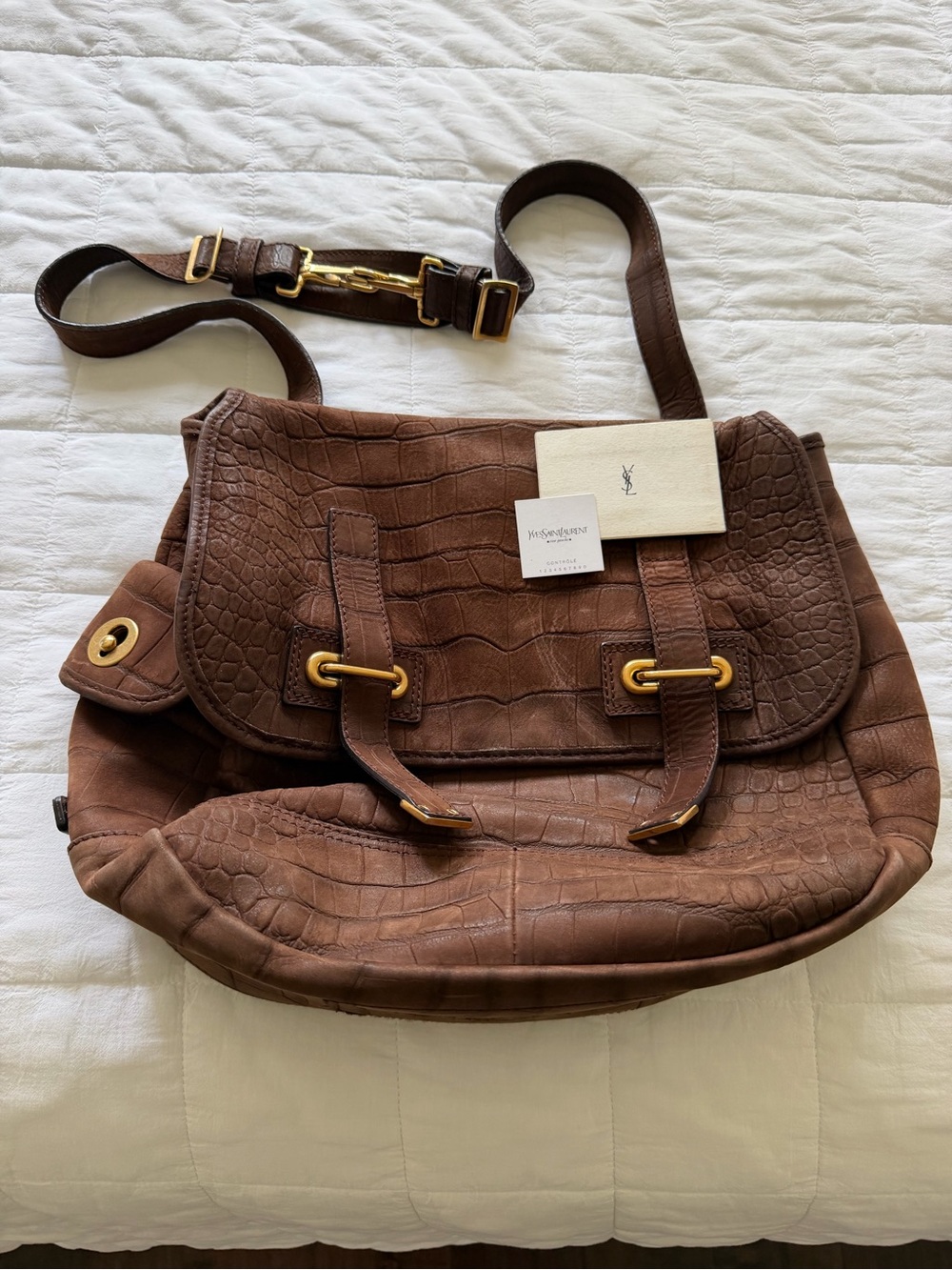 Saint Laurent Brown Croc-Embossed Leather Shoulder Bag with Gold Hardware